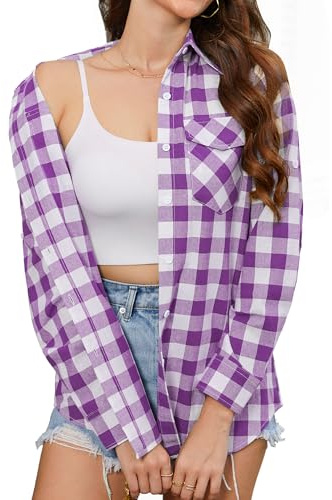Stamain Camicia a Quadri Donna Manica Lunga Button Down Camicia Scozzese Donna Cotone Camicetta Top Arrotolare Casual Classico Ufficio Party con Tasche S-3XL