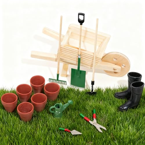 RTUOHUIN Wichtel Gartenset, 14-TLG. Miniatur Wichtel Zubehör für Wichteltür und Weihnachten inkl. Gummistiefel, Schubkarren, Gartenwerkzeuge, Blumentöpfe, Kinderzimmer Deko für Weihnachten