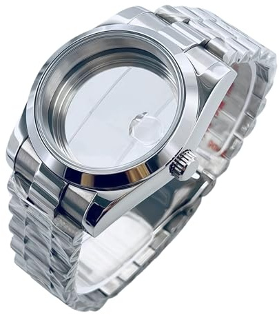 Uhrengehäuse Armband Set für Rolex Oyster Perpetual/Datejust | Abgerundet 3-Glieder Saphirglas NH35 Glatte Lünette Silber Casual Dress