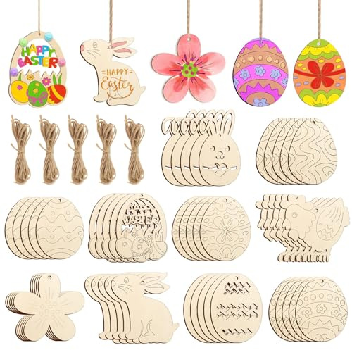 50 Stück Ostereier zum Bemalen, Holzanhänger Ostern Basteln, Unvollendete Ostereier Hasen Huhn Blume Holzscheiben, mit Loch Osterdeko zum Aufhängen, Bastelset Ostern, Kreative Kunst Ostergeschenke