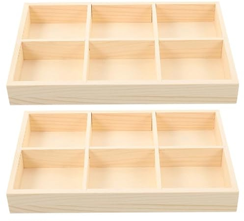 FOMIYES Wooden Divided Storage Organizer Box, 2Pcs Shallow 6 Compartment Sorting Tray for Desk Stationery Crayons, Natural Wood Craft Display Case for Jewelry & Essential Oils