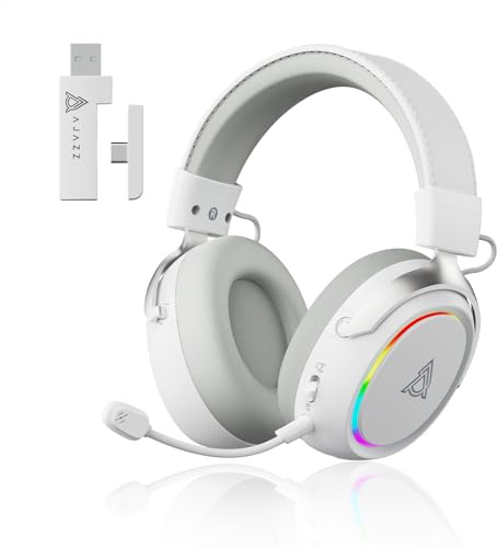 nacodex AJAZZ AHM10 MAX Wireless Gaming Headset with Detachable Microphone, DTS Headphone:X 7.1 Surround Sound, 2.4 GHz/Type-C/BT, 143H Battery, for PC, Mac, PS5, PS4, Xbox, Switch, Mobile, White