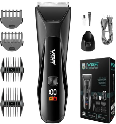 VGR 938 Intimrasierer Mann Kabelloser,Körperrasierer Herren mit Ladestation | Rasierer Herren Intimbereich mit Keramikklingen, Bodygroom Mit LED-Display, IPX7 Wasserdicht, LED-Beleuchtung, Schwarz