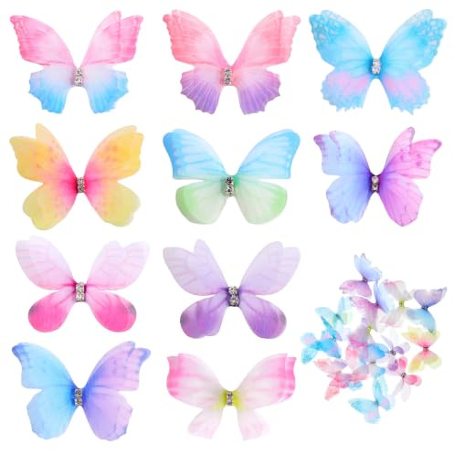 50 Pcs 3D Butterflies Butterfly Craft Decorations Fabric Butterfly Charms | Colorful Small Organza Butterfly Ornaments Embellishments, Double-Layer, Colorful, with Sheer Mesh Wings
