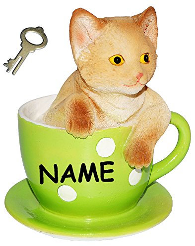 Spardose - süße Katze in Einer Tasse - incl. Name - mit Schlüssel/stabile Sparbüchse - aus Kunstharz - Kätzchen - Rassekatze/Hauskatze - Sparschwein -..