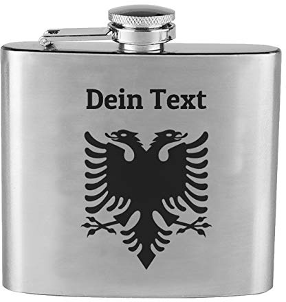 generisch Flachmann mit Gravur des albanischer Adler mit Wunschgravur, Original Edelstahl personalisiert, Albania, Albanien
