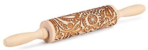 Flexzion Embossed Rolling Pins with Patterns for Baking, 7.7-inch Engraved Wooden Rolling Pin with Snowflake Flower Pattern Rolling Pin for Baking Pastry Pizza Dough Fondant Cookie Pie Crust Pasta