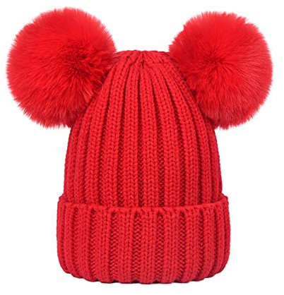 Martin Kench Damen Unisex Mütze Strickmütze Fellbommel Bommel Strick Mütze Winter-Mütze Bommelmütze mit 2 Bommeln (Rot,M: 36-60cm)