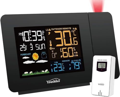 Radio Control (Official 2025 MSF UK Version) Projection Alarm Clock Outdoor Sensor, Weather Station, Bedroom Projector Dimmable Clock Dual Alarms LCD Display Date Time Temperature Humidity