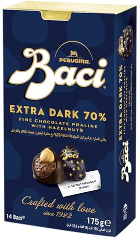 BACI - Bombones de Chocolate Negro con Relleno de Avellana y Nibs | Crujientes nibs de cacao caramelizados. Corazón cremoso de avellanas. Cobertura pura e intensa. Formato ideal para regalar.