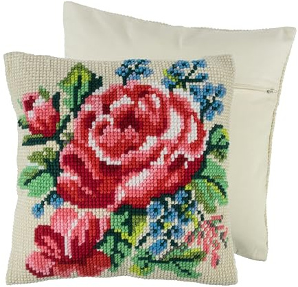 Trimits Cross Stitch Cushion Kit, Cushion Back Included, Pre Printed Canvas, Yarn and Needle Included 40 x 40cm (15.75 x 15.75in), Floral Bloom