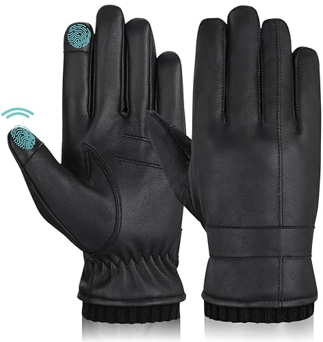 Hand Fellow Herren Echtleder Handschuhe - Fleece Gefüttert, Touchscreen, Leder Fahren, Winter Warm, Outdoor, Schwarz Rib