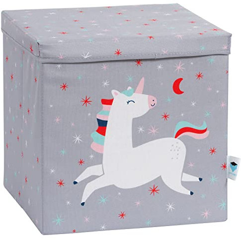 LOVE IT STORE IT Aufbewahrungsbox mit Deckel - Kallax Boxen aus Stoff - Verstärkt mit Holz - Quadratisch und stabil - Grau mit Einhorn - 33x33x33 cm