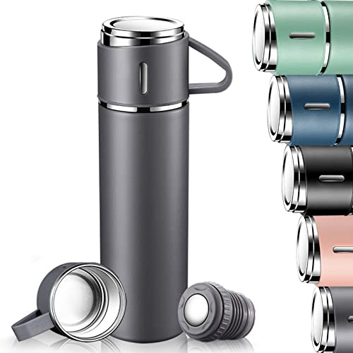 Bouteille Isotherme, Gourde Isotherme Etanche avec Tasse et Couvercle, sans BPA, Mug Isotherme 500ml en acier Inoxydable pour Café et Thé, Gourde Enfant Isotherme pour Randonnée, Ecole, Travail (Gris)