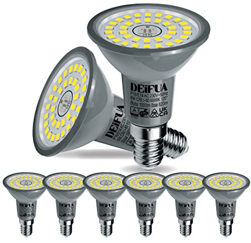 DEIFUA E14 LED Lampe Kaltweiss 6000K 6W 1000 Lumen Ersetzt 100W PAR16 Halogen Leuchtmittel, 6er-Pack, Nicht Dimmbar R50 Reflektorlampen, Flimmerfrei Strahler, Abstrahlwinkel 120° Spot Birnen