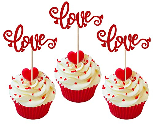 36 Stück Valentine's Day Love Cupcake Toppers Glitter Herz Süße Liebe Muffin Dekoration Valentinstag Thema Hochzeit Verlobung Braut Dusche Geburtstag Party Kuchen Dekorationen Zubehör Rot