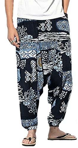 perdontoo Män lediga haremsbyxor fint tryck breda ben säckiga byxor, Färg 7, 3XL