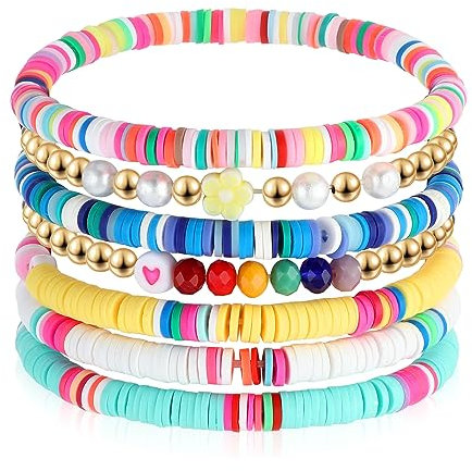 7 Stück Perlenarmband Damen Bracelet Set Buntes Perlen Stretch Armband Bead Armband Stapelbare Boho Armbänder aus Ton Wunderschöner Sommer Strand Perlen Set Schmuck für Frauen und Mädchen