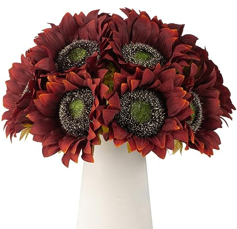 DuHouse 12pcs künstliche Sonnenblumen mit Langen Stielen, 12cm Seide Sonnenblumen Bulk für Hochzeit Haus Garten im Freien Party-Dekoration (Rot) | Sonnenblumen, Großpackung für Hochzeit, Haus, Garten, Outdoor, Party-Dekoration