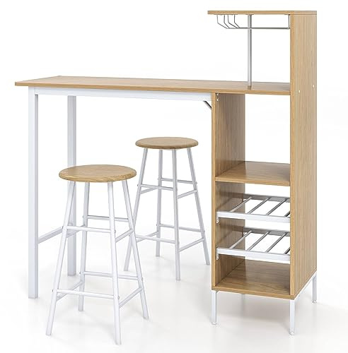 GiantexUK 3PCS Bar Table Set, Industrial Counter Height Dining Table and 2 Stools with Open Shelves, Cup Holder and Wine Rack, Kitchen Breakfast Table Furniture for Home Dining Room Pub (Natural)