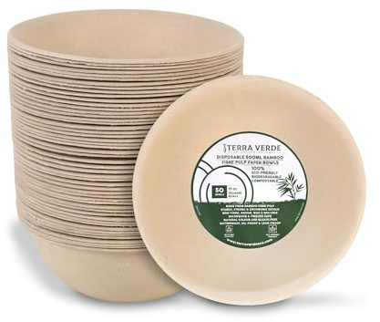 Terra Verde Lot de 50 bols jetables en fibre de bambou – 500 ml – Couleur naturelle, non blanchis – Respectueux de l'environnement, biodégradables et extra résistants – Bols compostables pour aliments