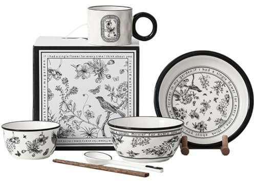 HSTWODE 4 Arten von Keramik-Set, Kaffeetasse, Schüssel-Set, Essteller, halbe Sommerblume Porzellan-Set. Kommt mit Geschenk-Box für zu Hause. (6 Stück in einem Set)
