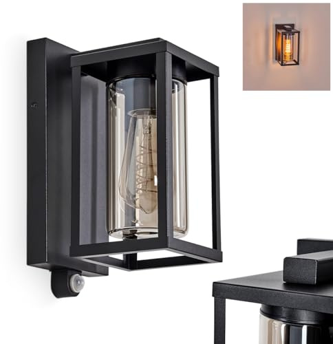 HOFSTEIN Außenwandleuchte Portalis, Außenwandlampe m. Bewegungsmelder aus Metall/Glas in Schwarz/Rauchfarben, Wechselglas Klar, Wandleuchte im Industrial-Stil, E27, IP44, Eingangsbereich, Haustür