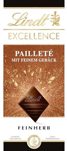 Lindt EXCELLENCE Pailleté Gebäckstückchen - Feinherbe Schokolade | 20 x 100g Tafel | Mit knusprigen Gebäckstückchen | Intensiver Kakao-Geschmack | Dunkle Schokolade