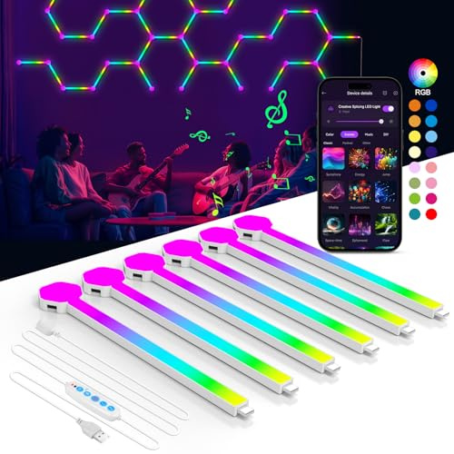 LED Wandleuchte - 6 Smarten RGB Lichtleisten - 16 Mio. Farben Wandleuchte Innen DIY Modulare Light Bar, Musik Sync App-Steuerung, mit Fernbedienung für Gaming Zimmer Deko