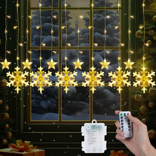 Qoosea Curtain Fensterdeko mit 6 Sterne 6 Schneeflocken 126LED Weihnachtsvorhang Lichter 8 Modi Lichtervorhang Weihnachten Weihnachtsdeko Innen Außen Fenster Lichterkette Christmas Decor