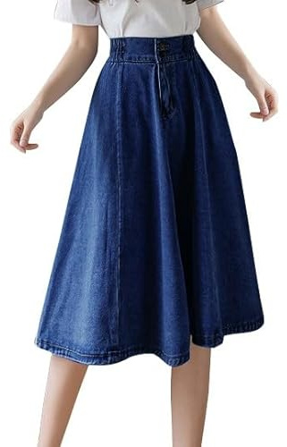 Jeansrock Damen Midi, Midirock A Linie. Jeans Rock Blau Knielang High Waist Röcke mit Knöpfen Elastische Taille Wickelrock für Frauen Skirt Swing Freizeitrock Einfarbig Sommerrock Herbstrock Elegant