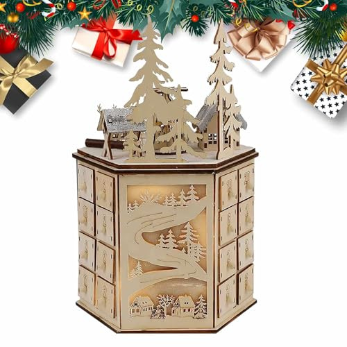 Hölzerner Adventskalender Hölzerner Adventskalender mit 24 Schubladen LED beleuchteter Weihnachts-Adventskalender mit Musik Leerer Adventskalender zum Selbstbefüllen Countdown Feiertagsgeschenke