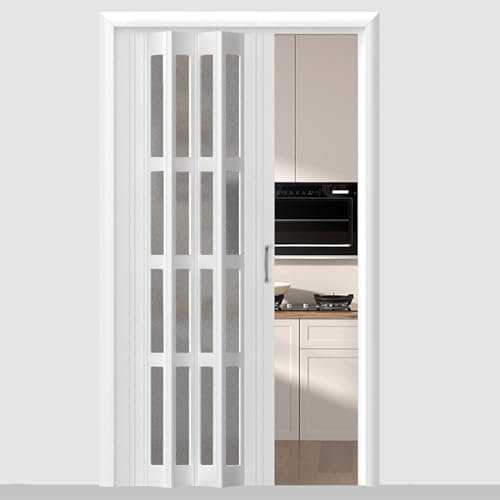 Folding Door Kitchen Pleated Sliding Door Side Mounted, Frosted Style Multifold Panels Gate for Living Spaces, Heavy Duty Room Internal Divider Doors(34x80in (86.5x203cm))