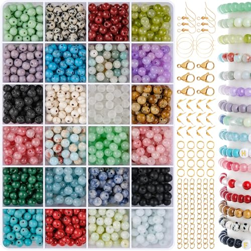 EUES 6mm Perlen Set für Armbänder zum Basteln, 24 Farben Runde Bunte Armbänder Perlen Glasperlen Edelsteine mit Loch, Kristalle zum Auffädeln für DIY Schmuckherstellung, Partys, Feiertage
