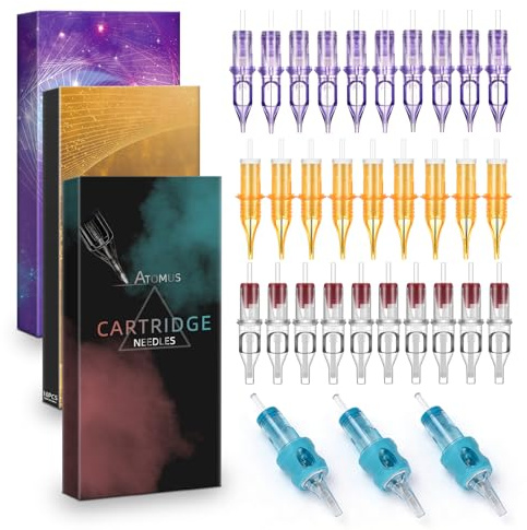 ATOMUS 50Pcs Tattoo Cartridge Needles Assorted Mixed Size Round Liner Shader Magnum Round Mag 3RL 5RL 7RL 9RL 5RS 7RS 9RS 7RM 9RM 7M1 Silicone Tattoo Needles for Tattoo Pen