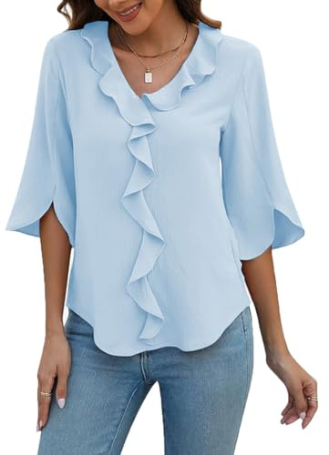 ABINGOO Mujer Gasa Blusas Manga 3/4 Cuello en V Volantes Shirt Elegante Verano Color Sólido Túnica Casual Camiseta(Azul,XXL)
