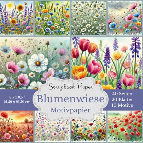 Motivpapier Blumenwiese - Scrapbook-Papier-Kollektion: zarten Aquarell-Motive von blühenden Wiesen. 10 einzigartige Designs, jedes zweimal enthalten, ... quadratisches Format von 21,59 x 21,59 cm