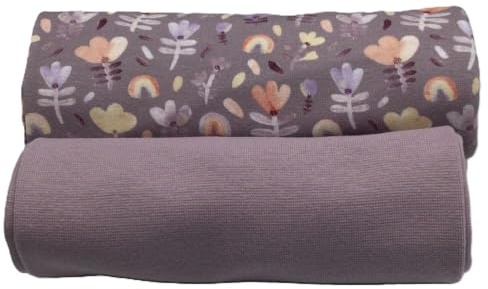 Jerseystoff Set | Jersey + Bündchen | farblich perfekt abgestimmt | je 0,5 m | Jerseystoff zum Nähen von Baby- und Kinderkleidung (Rainbow Flowers, mauve)