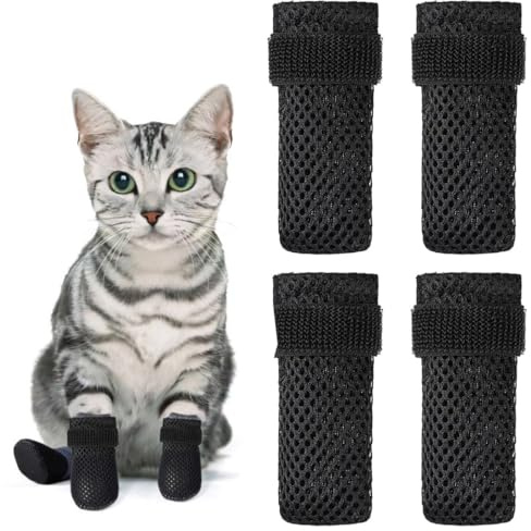 WUSJCOF 4 Stück Verstellbare Katzenschuhe aus Netzstoff, Atmungsaktiv Katzenpfotenschutz, Katzenstiefel zum Baden von Haustieren, Schneiden von Nägeln, Überprüfen