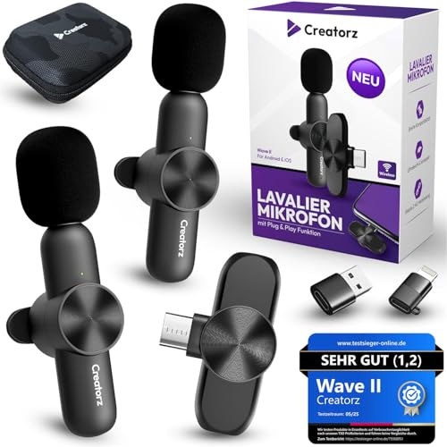 Creatorz® Wave II Lavalier Mikrofon [TESTSIEGER] Ansteckmikrofon für iPhone/Android/PC – Ultraleichtes Mini Mikrofon Handy Kabellos – Wireless Microphone für YouTube, TikTok, Meeting