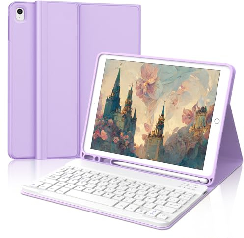 Funda Teclado for iPad 9/8/7 generacion 10.2/Air 3/Pro 10.5 Pulgadas | Capa Keyboard QWERTY Español Ñ, Bluetooth Magnético Desmontable Recargable Teclado con Portalápices, Violeta claro