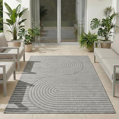 Carpetsale24 Outdoor Teppich Grau 280x370 cm, Wetterfest & UV-beständig, ideal für Küche, Balkon, Terrasse, Garten auch Wohnzimmer und Esszimmer, Skandinavisches Boho-Design, Leicht zu Reinigen