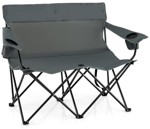 COSTWAY 2-Person Folding Camping Chair, Heavy-Duty Double Camp Loveseat with Cup Holders and Carrying Bag, Oversized Portable Beach Chair for Picnic Travel Campsite (Grey)