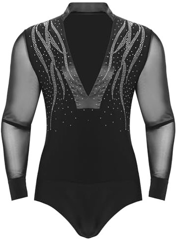 Sinleey Herren Latein Tanz Body Glitzer Langarm Gymnastikanzug Eislauf Turnanzug Turnbody Kostüm Performance Schwarz L