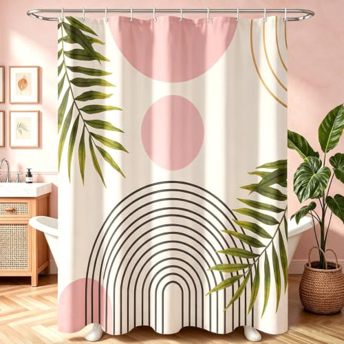 Lerores Duschvorhang 180x200 cm Rosa Blätter Linie, Beschwerter Saum Antischimme, Wasserabweisend, Waschbar Polyester Badevorhänge mit 12 Ösen und Duschvorhangringen für Badezimmer, Badewanne