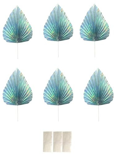 HSC Iridescent Cake Toppers 6 Pcs Paper Palm Fan Cake Decorations, 15cm Height Cake Insert Decoration for Cake Decorating DIY Craft Home Wedding Party Decoration, Iridescent Cake Decorations with Meta