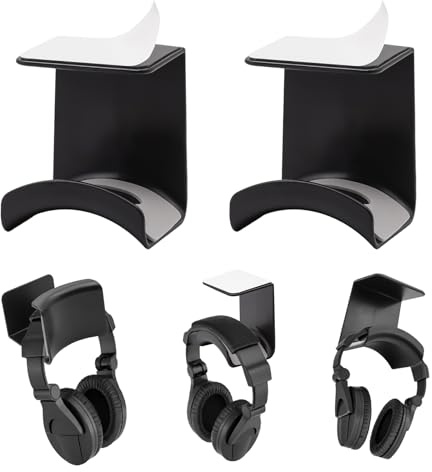 KQDRAVINE 2 Stück Headset Halterung, Kopfhörer Ständer Selbstklebend, Kopfhörer Halterung Headset Ständer für die meisten Desktops Wandmontierte Headphones, Schwarz 6.3x5.4x7.6cm