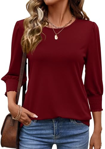 IECCP Hauts Femme Décontractés Col V Tunique Blouses Femmes Manches Longues Élégant Manches Smockées T-Shirts Vêtements Motif Floral Violet Rouge Bordeaux XL (FR 46-48)