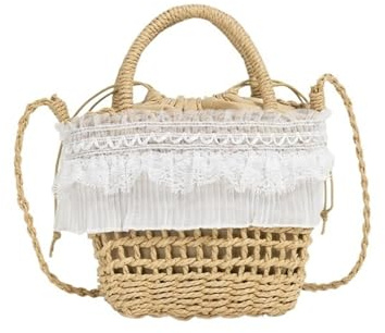 Stråväska med spetskant, semesterväska for kvinnor, sommarväska for gatupendling, korgväska(Khaki)