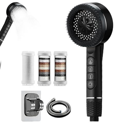 Pommeau de douche avec flexible, pommeau de douche avec filtre, douchette à main avec 4 jets, pour usage domestique, douchette à main avec fonction d'arrêt, avec flexible de douche de 1,5 m